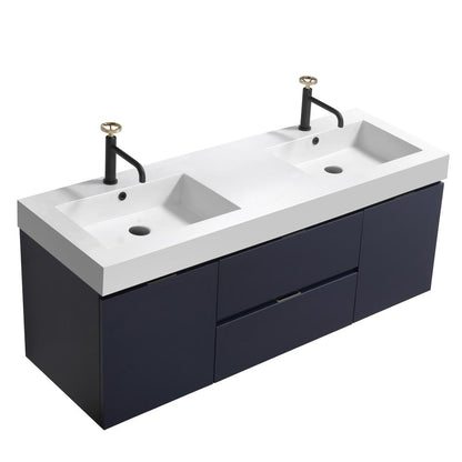 Bliss 60" Double  Sink Blue Wall Mount Modern Bathroom Vanity