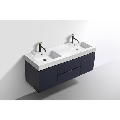 Bliss 60" Double  Sink Blue Wall Mount Modern Bathroom Vanity