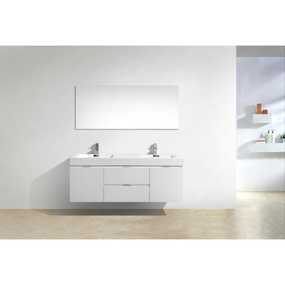 Bliss 60" Double Sink High Gloss White Wall Mount Modern Bathroom Vanity