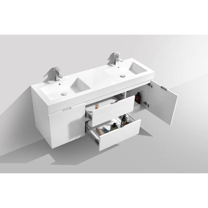 Bliss 60" Double Sink High Gloss White Wall Mount Modern Bathroom Vanity