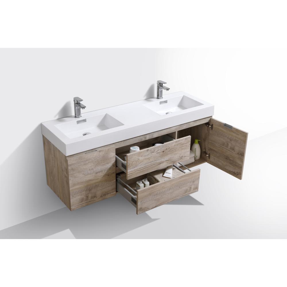 Bliss 60" Double  Sink Nature Wood Wall Mount Modern Bathroom Vanity