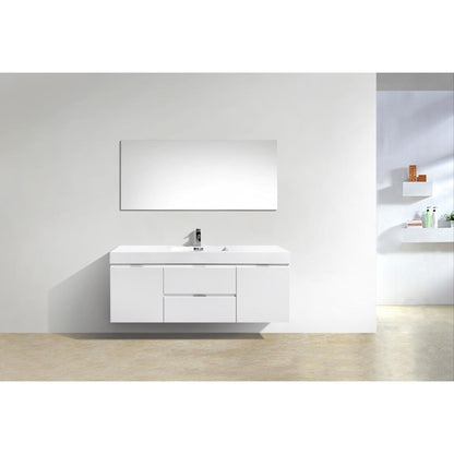 Bliss 60" Single Sink High Gloss White Wall Mount Modern Bathroom Vanity