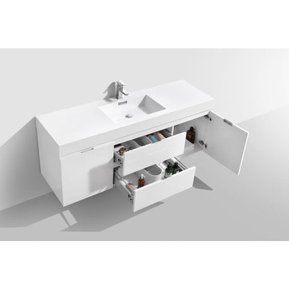 Bliss 60" Single Sink High Gloss White Wall Mount Modern Bathroom Vanity