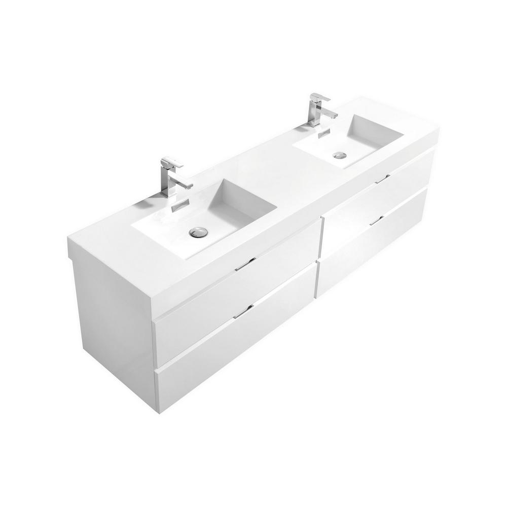 Bliss 72" Double Sink High Gloss White Wall Mount Modern Bathroom Vanity