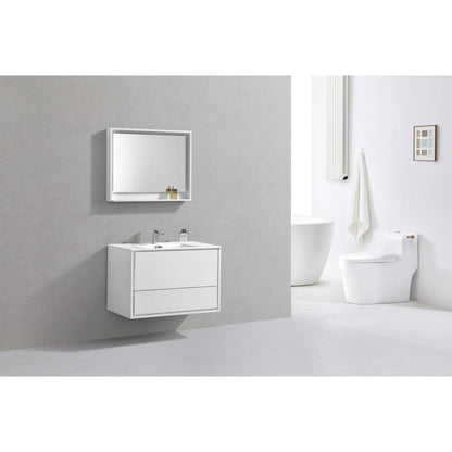 DeLusso 36" High Glossy White Wall Mount Modern Bathroom Vanity