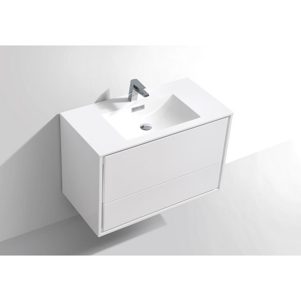 DeLusso 36" High Glossy White Wall Mount Modern Bathroom Vanity