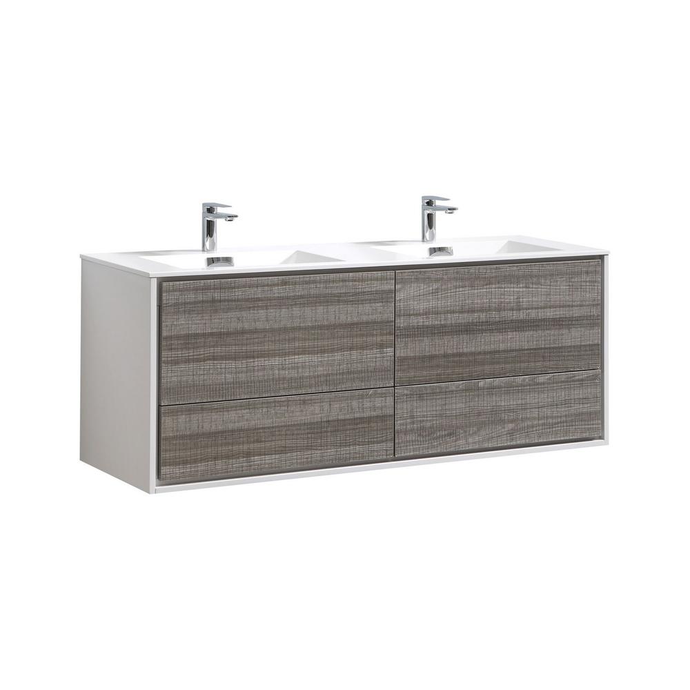 DeLusso 60" Double Sink  Ash Gray Wall Mount Modern Bathroom Vanity