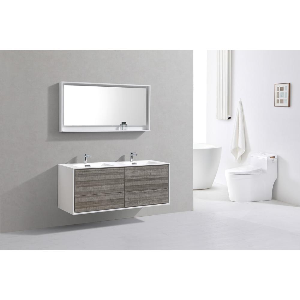 DeLusso 60" Double Sink  Ash Gray Wall Mount Modern Bathroom Vanity
