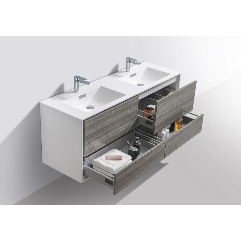 DeLusso 60" Double Sink  Ash Gray Wall Mount Modern Bathroom Vanity