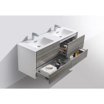DeLusso 60" Double Sink  Ash Gray Wall Mount Modern Bathroom Vanity