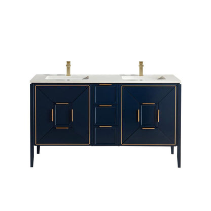 Vetro 60'' Gloss Blue Vanity W/ Quartz Counter Top (Back Splash Free)