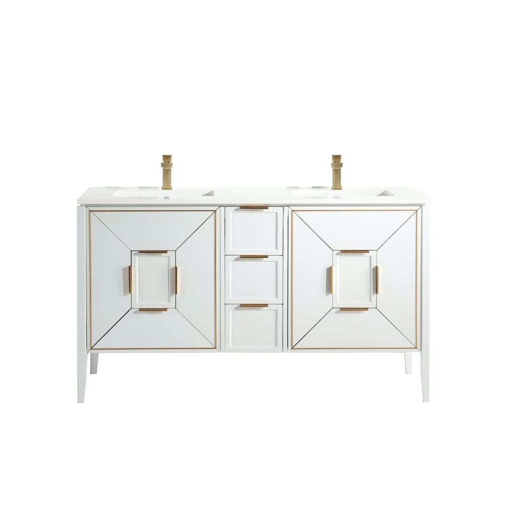 Vetro 60'' Gloss White Vanity W/ Quartz Counter Top (Back Splash Free)