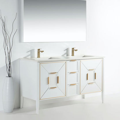 Vetro 60'' Gloss White Vanity W/ Quartz Counter Top (Back Splash Free)