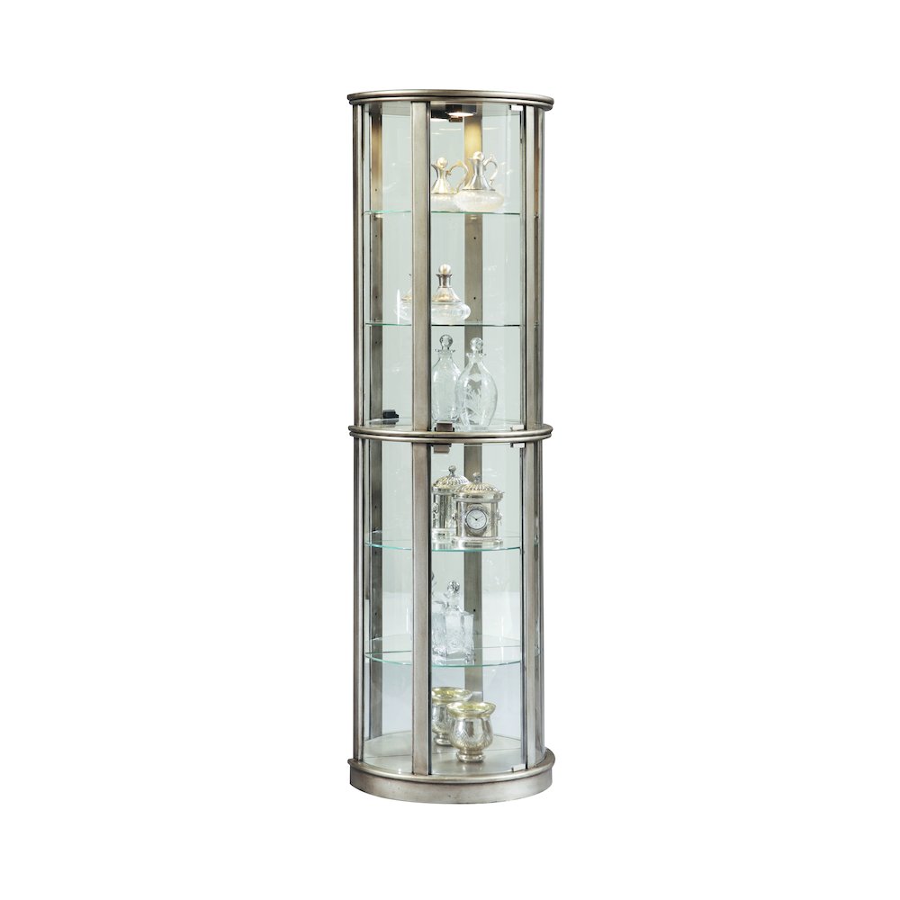 Lighted Half Round 5 Shelf Curio Cabinet in Aged Silver