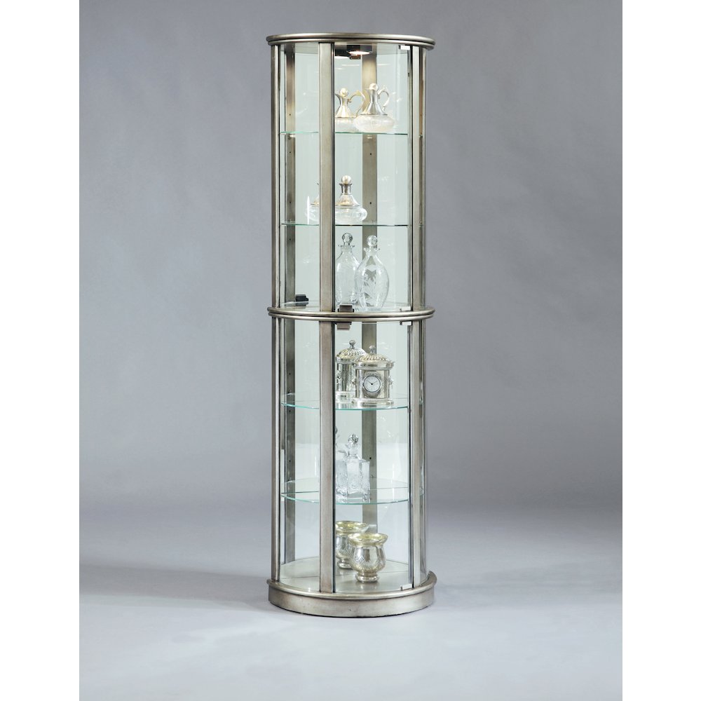 Lighted Half Round 5 Shelf Curio Cabinet in Aged Silver