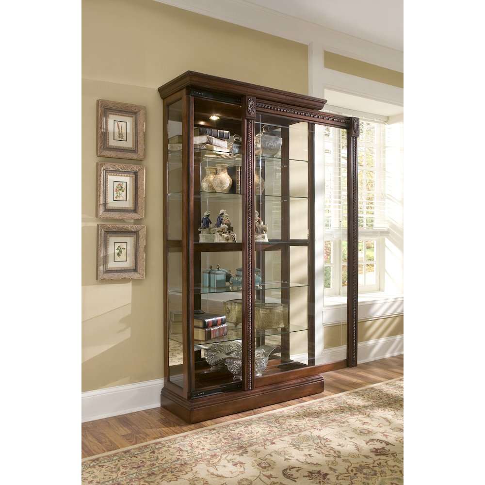 Lighted Sliding Door 5 Shelf Curio Cabinet in Cherry Brown