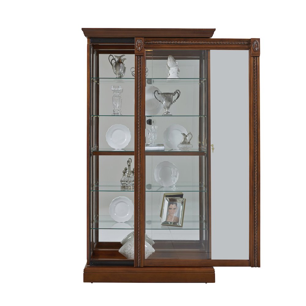 Lighted Sliding Door 5 Shelf Curio Cabinet in Cherry Brown