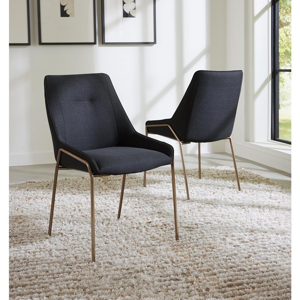 Cyrus Upholstered Dining Chair in Coal Fabric and Brushed Bronze Metal, set of 2