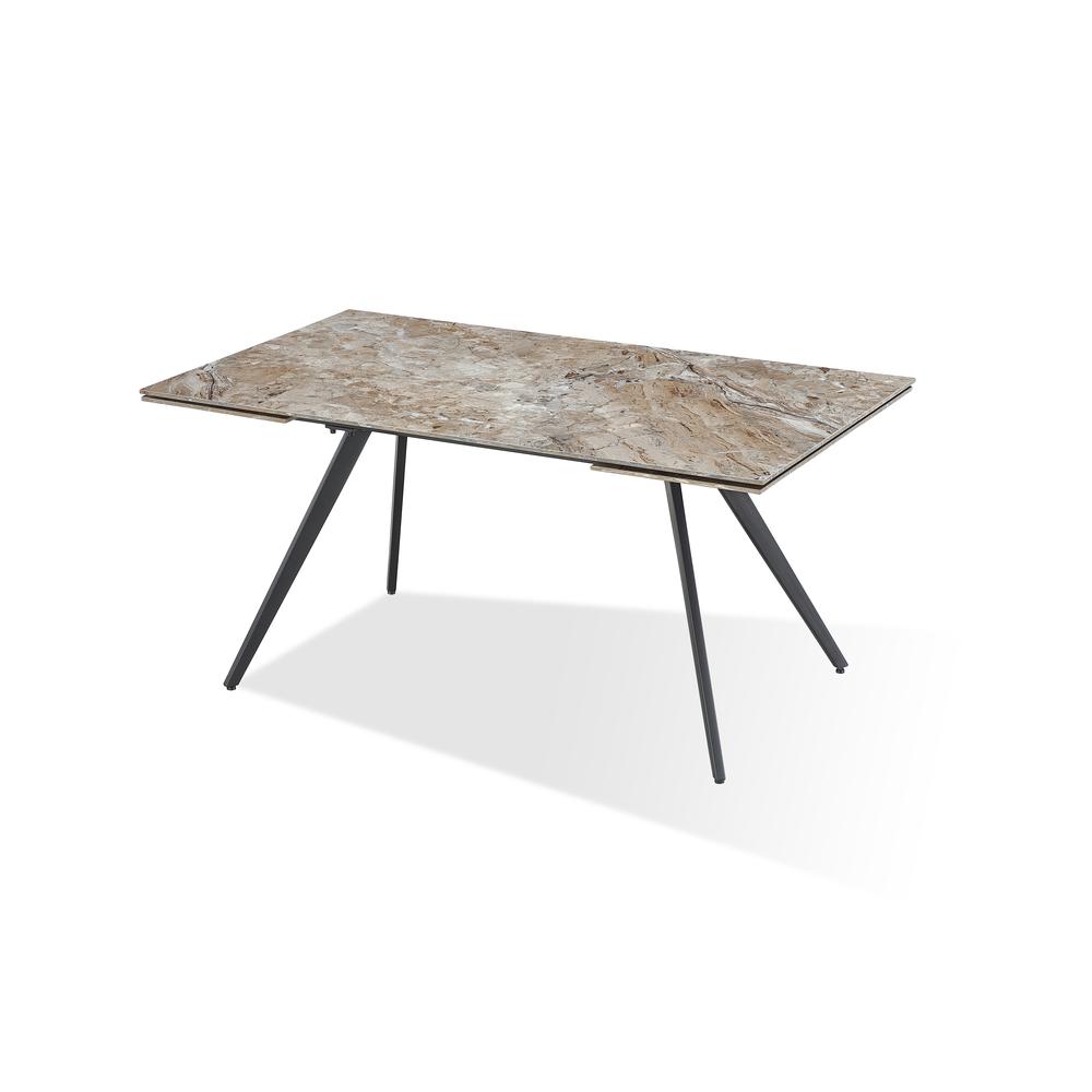 Lucia Double Extension Stone Top Metal Leg Dining Table in Rich Brown and Black