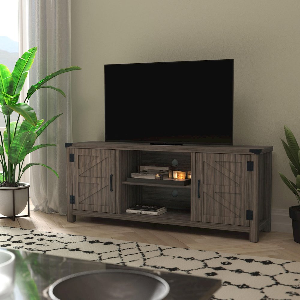 Modern Farmhouse Barn Door TV Stand - Gray Wash Oak for TV's up to 65 Inches - 59" Entertainment Center with Adjustable Shelf