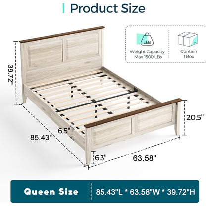 Rustic Queen Bed Frame with Headboard & Footboard, Wooden Platform, Beige