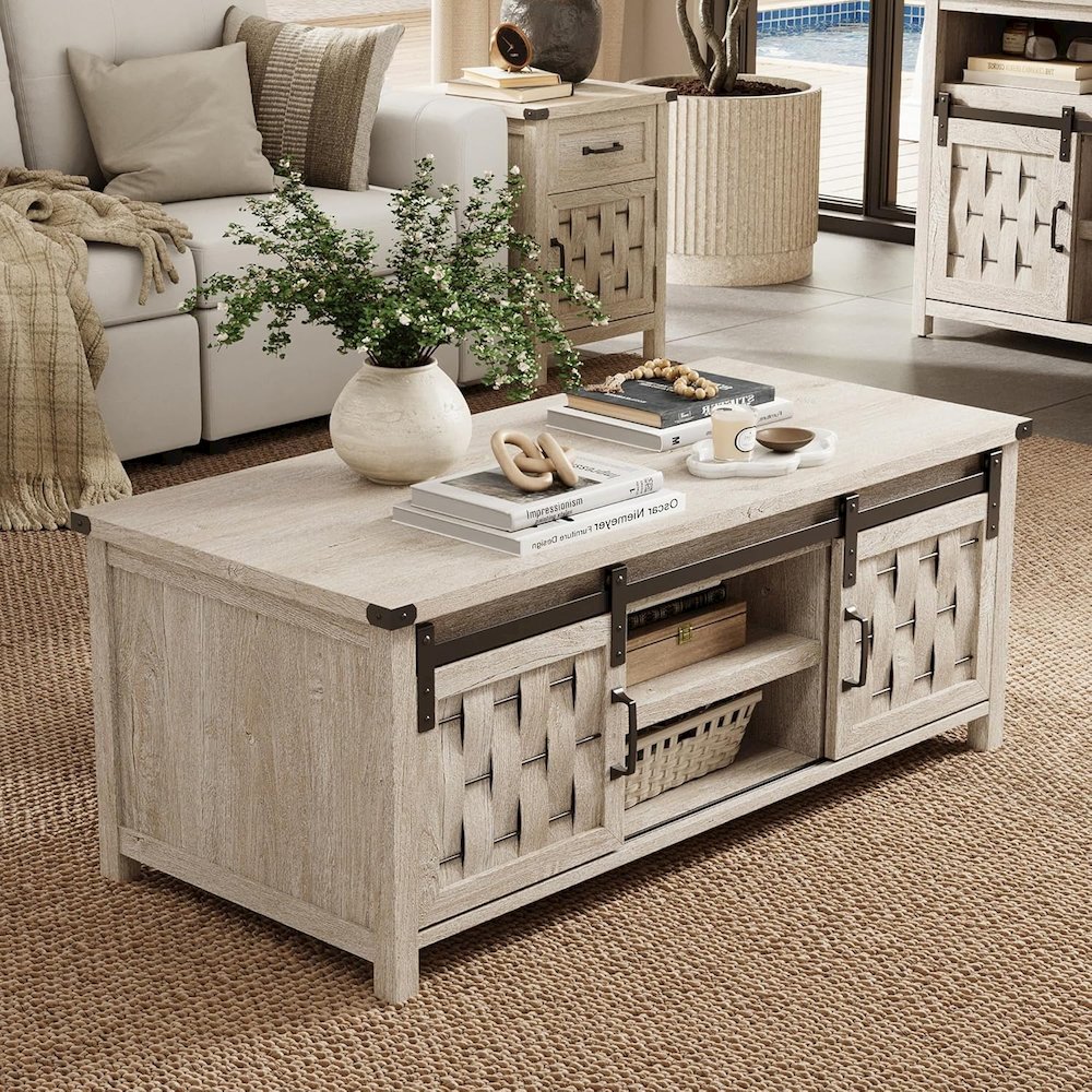 47.24" Farmhouse Coffee Table with Storage & Sliding Barn Doors,Light Gray