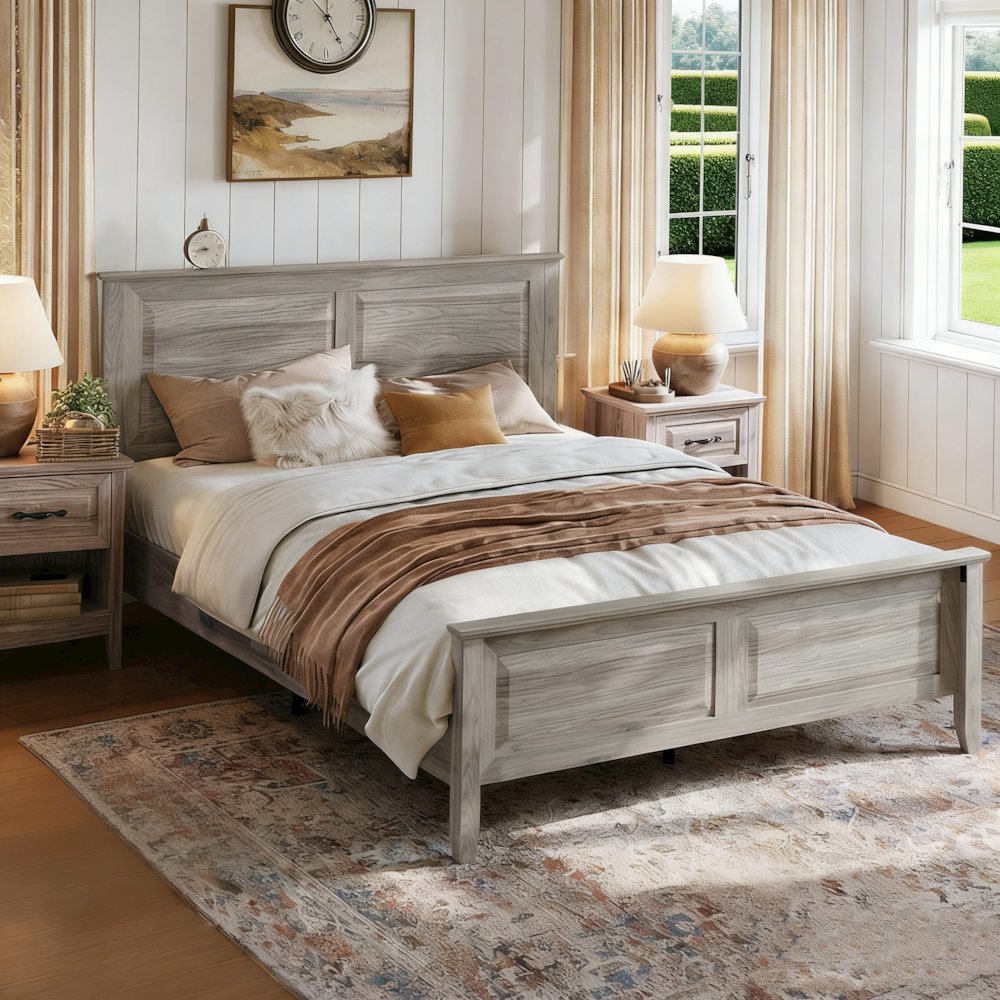 Rustic Queen Bed Frame with Headboard & Footboard, Wooden Platform, Grey