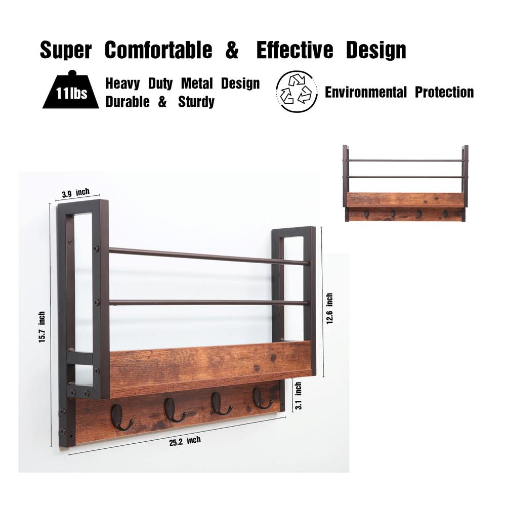 Floating Book Shelf Coat Rack, Rustic Brown, Set Of 3