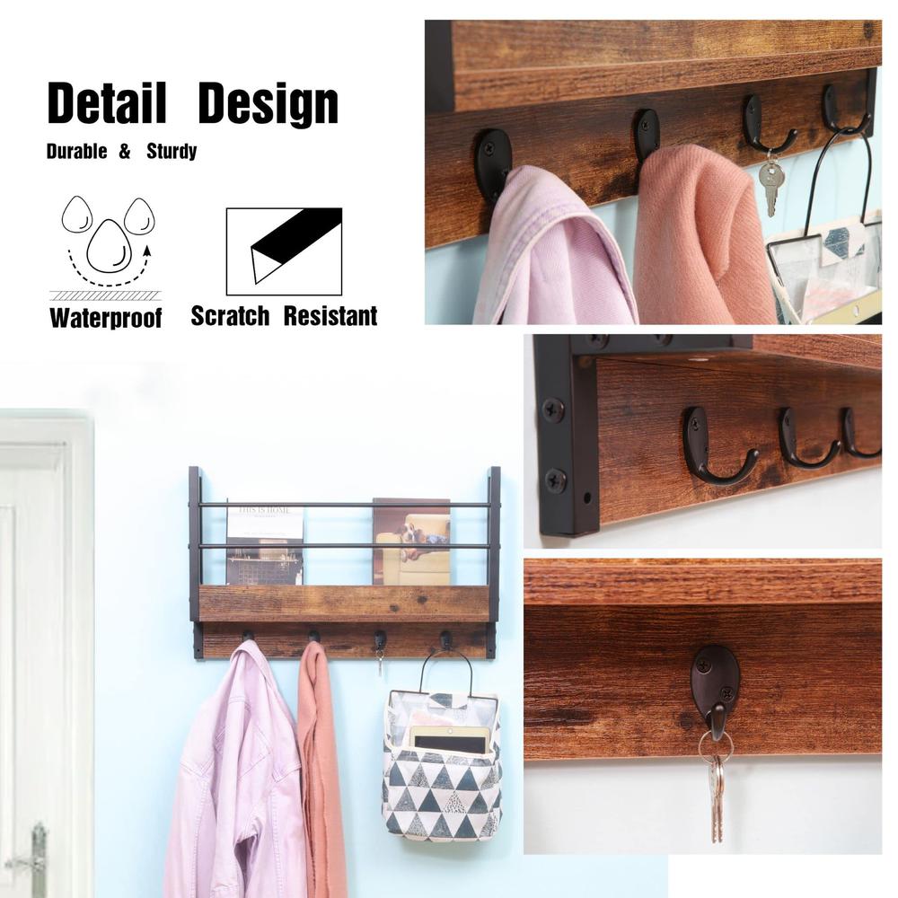 Floating Book Shelf Coat Rack, Rustic Brown, Set Of 3