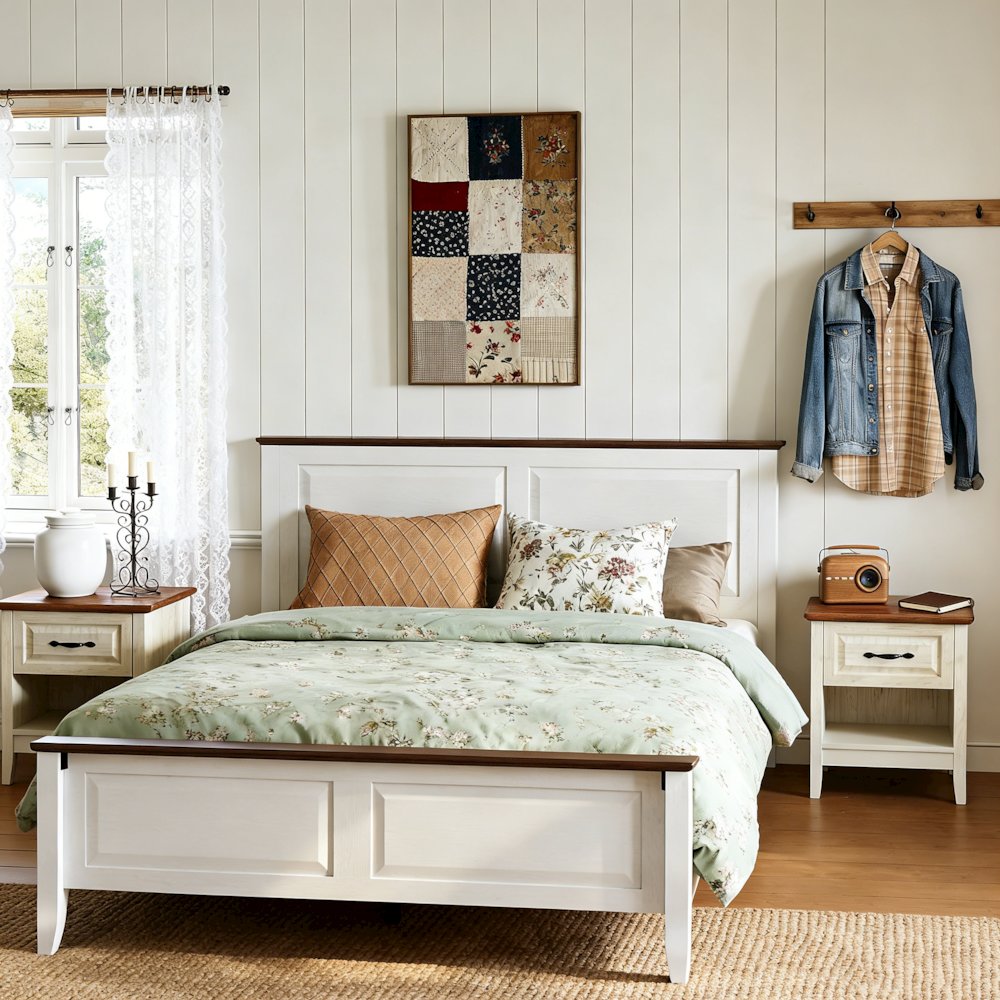 Rustic Queen Bed Frame with Headboard & Footboard, Wooden Platform, White
