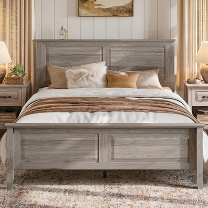 Rustic Queen Bed Frame with Headboard & Footboard, Wooden Platform, Grey