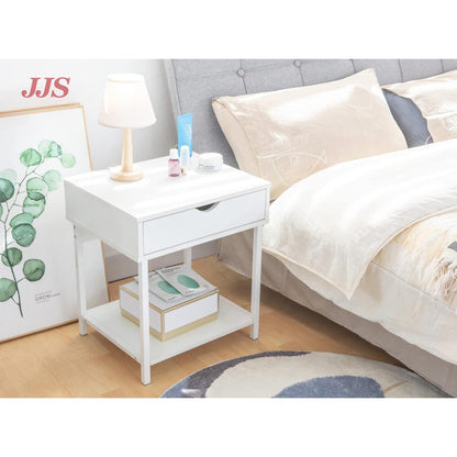 Bedside Table With Drawer And Storage Shelves, White