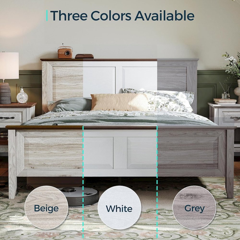 Rustic Queen Bed Frame with Headboard & Footboard, Wooden Platform, Beige