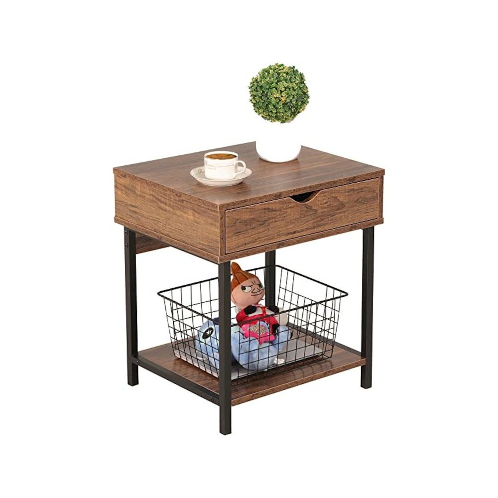 Bedside Table With Drawer And Storage Shelves, Brown