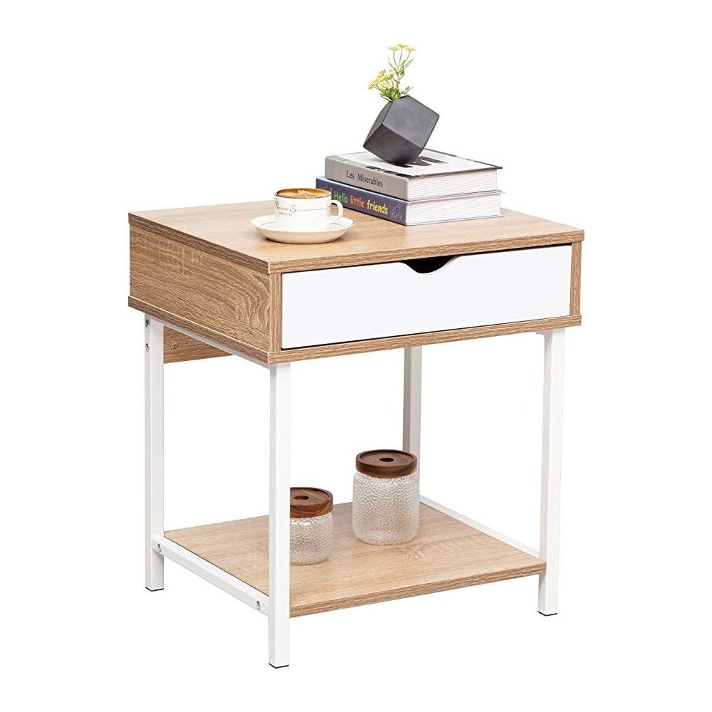 Bedside Table With Drawer And Storage Shelves, Oak/White