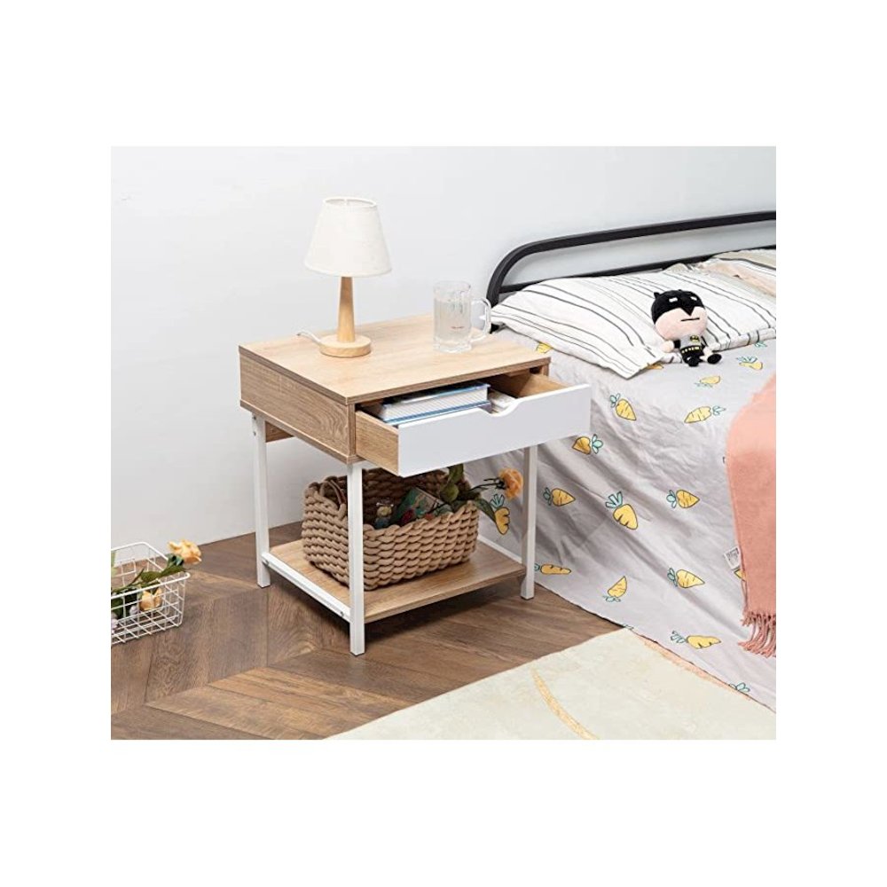 Bedside Table With Drawer And Storage Shelves, Oak/White