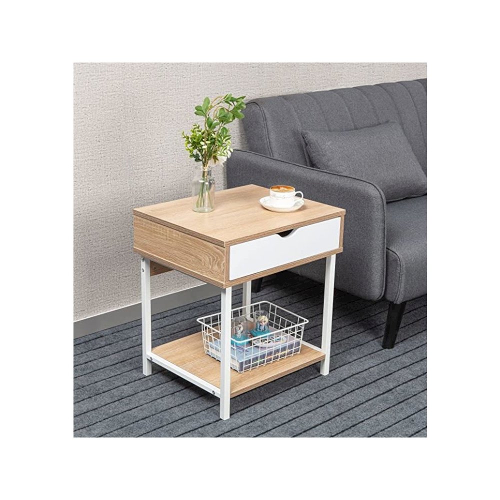 Bedside Table With Drawer And Storage Shelves, Oak/White