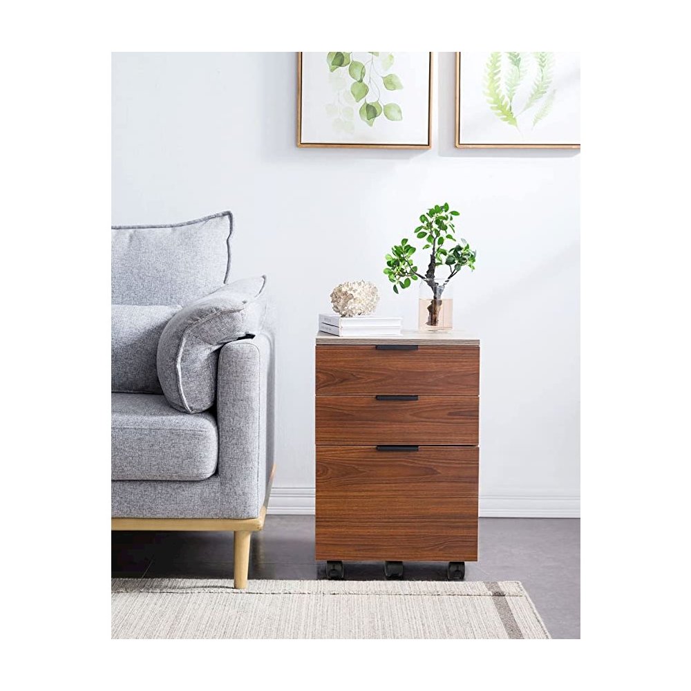 3 Drawer Rolling Wood File Cabinet With Locking Wheels, Brown