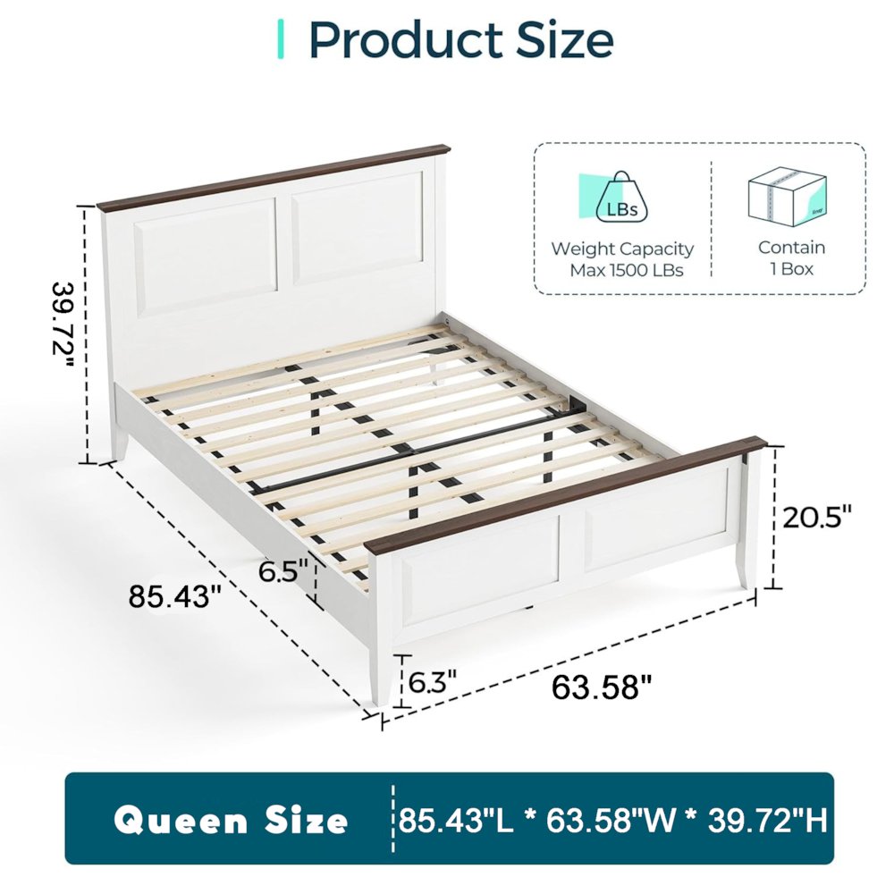 Rustic Queen Bed Frame with Headboard & Footboard, Wooden Platform, White