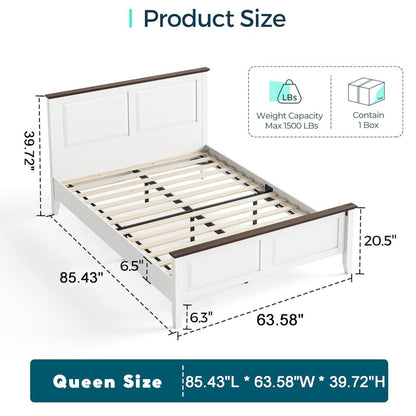 Rustic Queen Bed Frame with Headboard & Footboard, Wooden Platform, White
