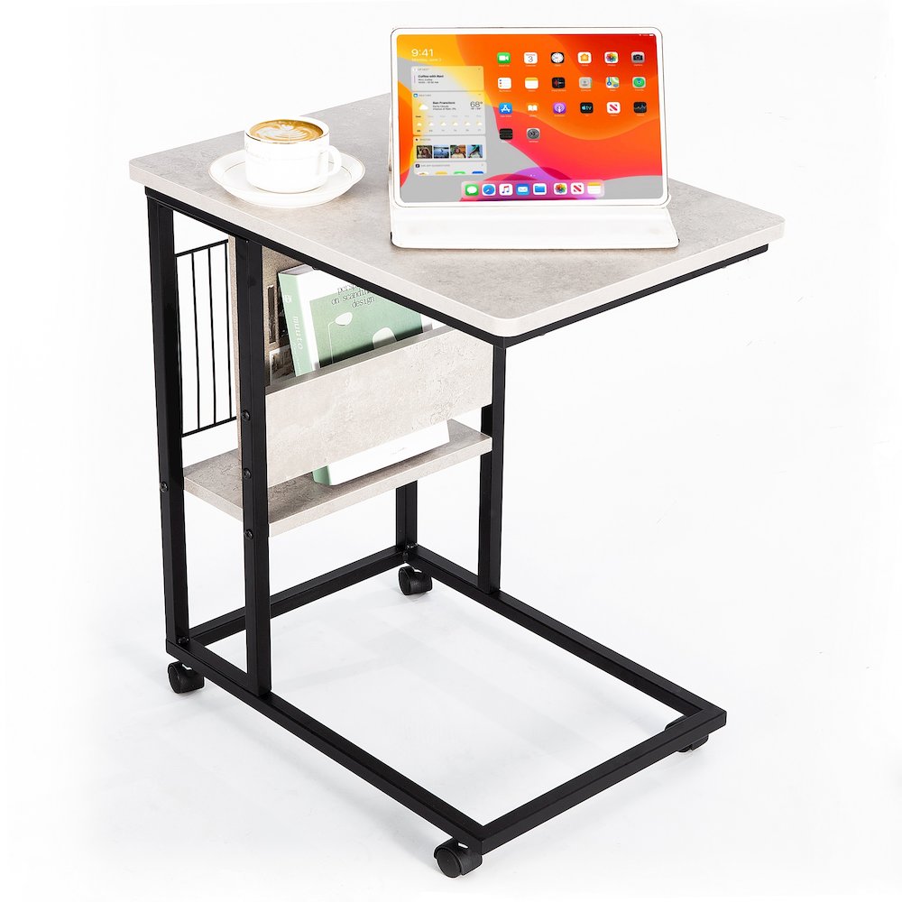 Side End C Table With Magazine Holder For Sofa, Cement/Black