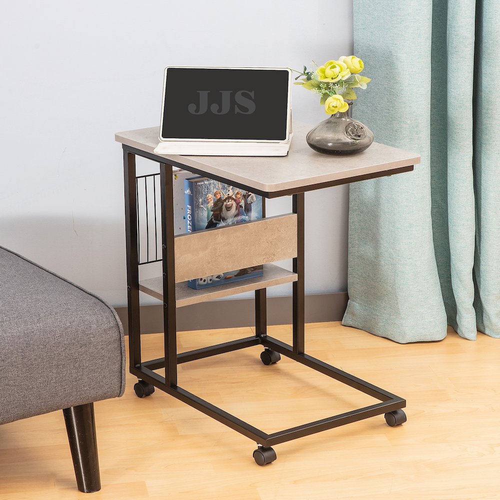 Side End C Table With Magazine Holder For Sofa, Cement/Black