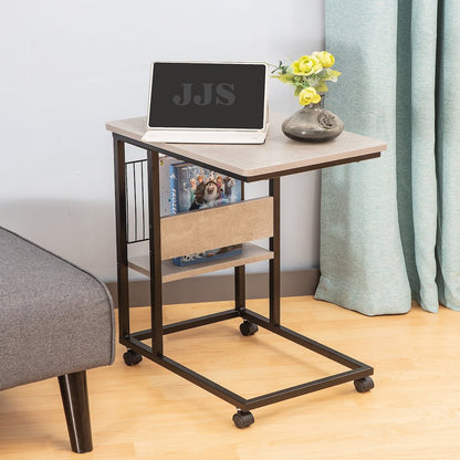 Side End C Table With Magazine Holder For Sofa, Cement/Black