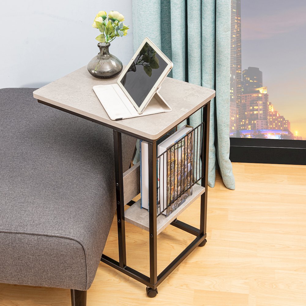 Side End C Table With Magazine Holder For Sofa, Cement/Black