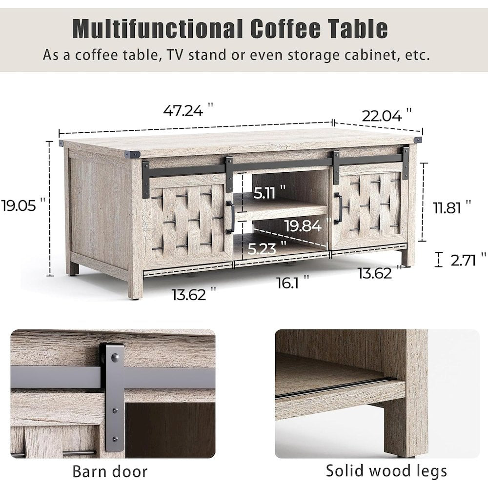 47.24" Farmhouse Coffee Table with Storage & Sliding Barn Doors,Light Gray