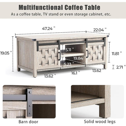 47.24" Farmhouse Coffee Table with Storage & Sliding Barn Doors,Light Gray