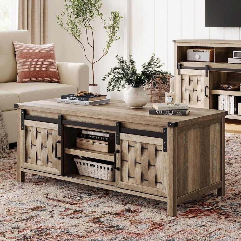 47.24" Farmhouse Coffee Table with Storage & Sliding Barn Doors,Light Brown