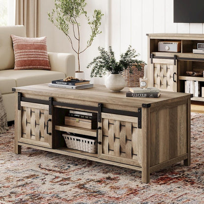 47.24" Farmhouse Coffee Table with Storage & Sliding Barn Doors,Light Brown