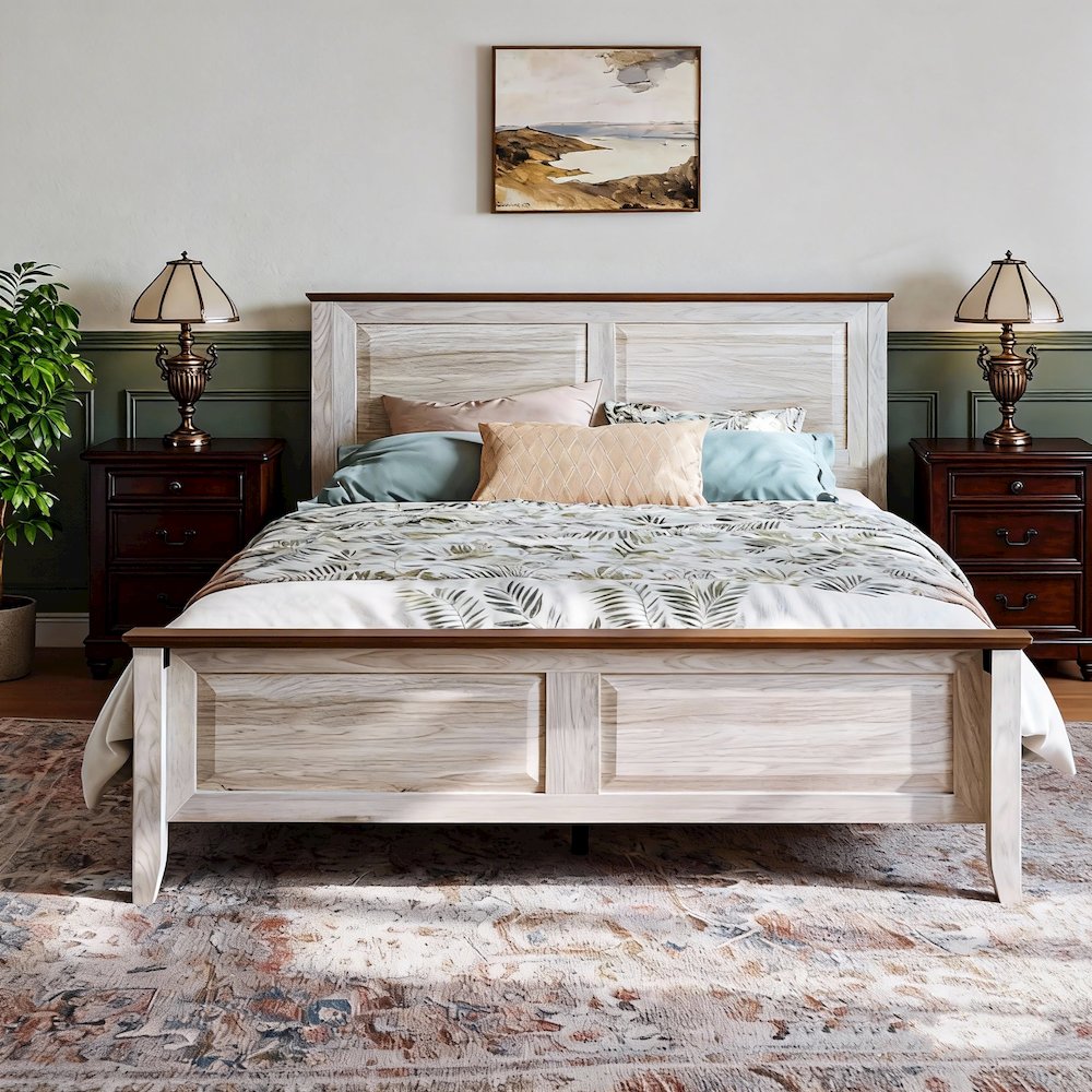 Rustic Queen Bed Frame with Headboard & Footboard, Wooden Platform, Beige