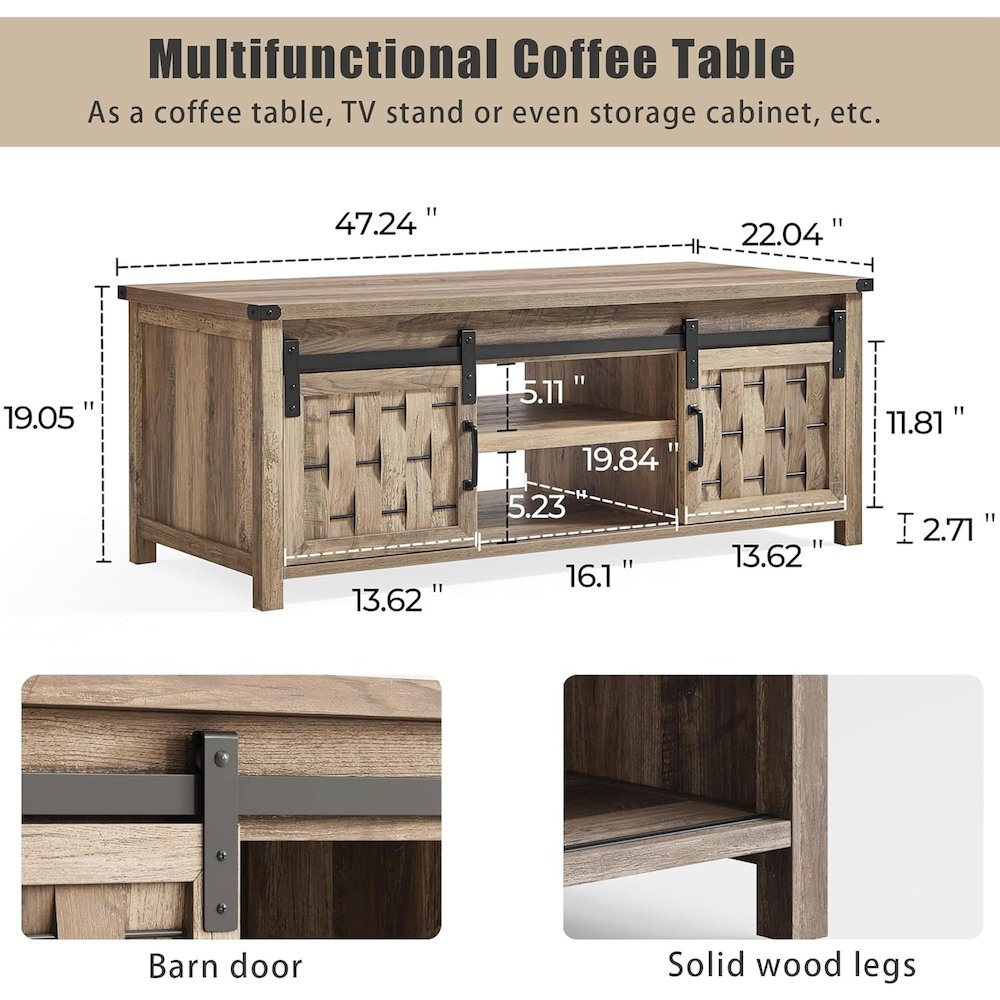 47.24" Farmhouse Coffee Table with Storage & Sliding Barn Doors,Light Brown
